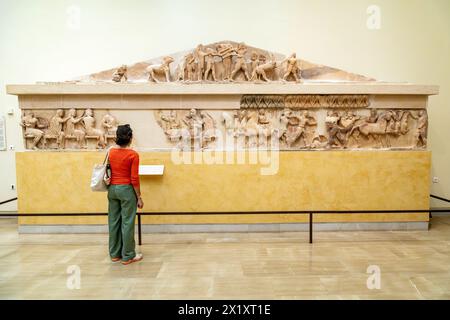 East pediment of the Siphnian Treasury in the Archeological Museum of Delphi , Delphi Archaeological Museum, Delphi, Greece. Stock Photo