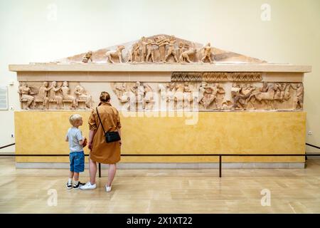 East pediment of the Siphnian Treasury in the Archeological Museum of Delphi , Delphi Archaeological Museum, Delphi, Greece. Stock Photo