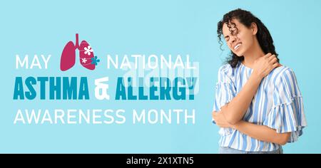 Young African-American woman scratching herself on light blue background. Banner for National Asthma and Allergy Awareness Month Stock Photo