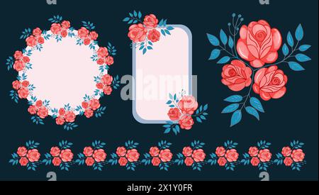 Red roses frame , border set, isolated on the dark background coquette floral decoration. Vector illustration Stock Vector