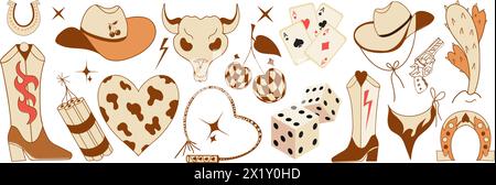 Cowboy set hand draw. Wild west clip art with hat boots handgun cactus lasso saloon signboard cow skull. Vector illustration Stock Vector