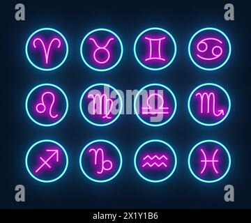 Neon Zodiac Signs Vector Set, Horoscope Symbols on Dark Background. Stock Vector