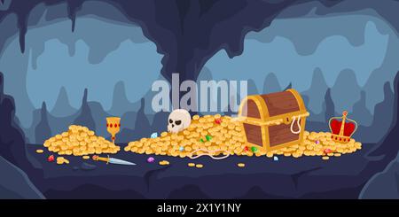 Cartoon cave with fabulous treasures. Wooden chest full of gold coins and gemstones. Jewelry cups and crowns. Human skull. Stone grotto. Golden wealth Stock Vector