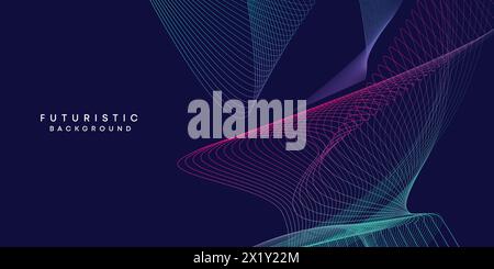 Abstract dark blue digital future technology geometric flowing line background. Purple-navy blue-green gradient smooth wave line web banner background Stock Vector