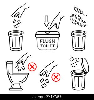 Toilet trash bin, recycling garbage, not throw paper tissue in restroom bowl, flush water in public WC room line icon set. No litter. Trashcan. Vector Stock Vector