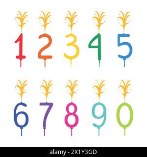Happy Birthday set of hand drawn candle numbers with firework. Rainbow colors. Holiday template bundle. Flat style. Vector illustration Stock Vector