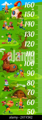 Kids height chart ruler, cartoon garden gnome and dwarf characters. Children growth measure scale, height chart vector wall sticker with fairy village houses, cute gnome, elf and dwarf personages Stock Vector