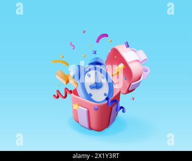 3D Gift box and alarm clock in confetti isolated. Stock Vector