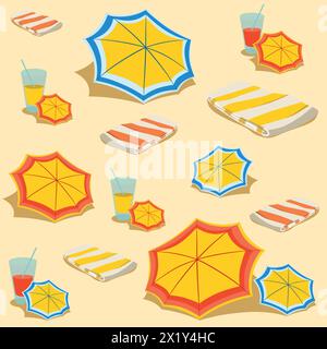 Seamless beach pattern. Beach umbrella and towel with drink in glass on sand. Flat design style. Summer background. Vector illustration Stock Vector