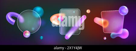 Transparent frosted acrylic frame with 3d geometric shapes in glass morphism style. Glassmorphism plates with blur effect. Violet realistic volumetric glossy gradient neon objects under matte frames. Stock Vector