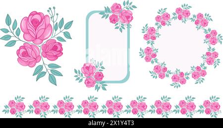 Pink roses frame , border set, isolated on the white background for Princess coquette floral decoration. Vector illustration Stock Vector