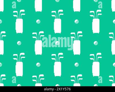 Seamless pattern with golf clubs in a bag and golf balls. White silhouettes of bags with golf clubs on a green background. Golf equipment. Design of b Stock Vector