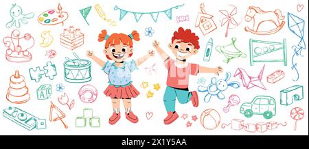 Daycare hand drawn doodle icon set. Funny cartoon kids in kindergarten play with wooden montessori toys. Happy baby girl and boy with color line art child toy, candy. Preschool activity and education. Stock Vector