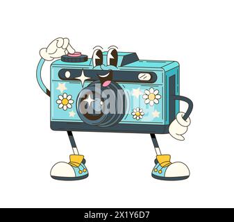 Cartoon groovy photo camera retro character. Isolated vector funky, hippie style photocamera personage adorned with vibrant daisy flowers, stars and playful smile push shooting button to make snapshot Stock Vector