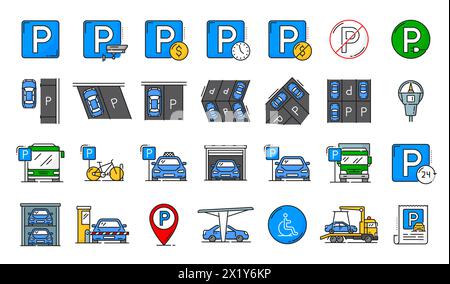 Automatic garage service and parking line icons. Automobile garage service line icon, car park area or transport public parking zone outline vector symbol with taxi, bicycle and truck, towing signs Stock Vector