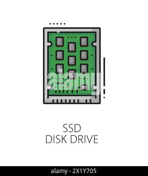 Ssd disk drive hardware line color icon or sign. Isolated vector green rectangular, compact pc disc with circuitry or flash memory chips, symbolizing speed and modern data storage technology Stock Vector