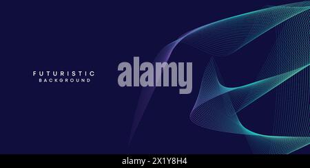 Abstract dark blue digital future technology geometric flowing line background. Purple-navy blue-green gradient smooth wave line web banner background Stock Vector