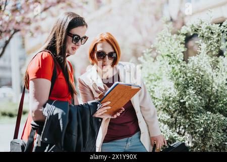 Two businesswomen discussing over a tablet outdoors with spring blossoms Stock Photo