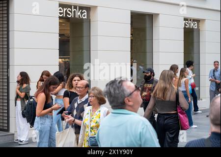 Madrid, Spain. 18th Apr, 2024. Pedestrians and shoppers walk past the Spanish fashion brand owned by Inditex, Bershka, store in Spain. (Photo by Xavi Lopez/SOPA Images/Sipa USA) Credit: Sipa USA/Alamy Live News Stock Photo