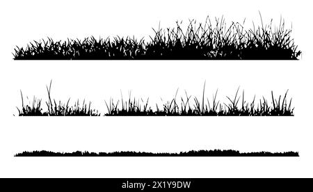 Set of grass line silhouettes isolated white. Nature design meadow and element garden. Field cartoon black and white. Landscape collection horizontal Stock Vector