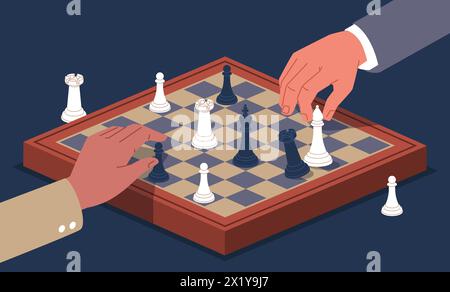 Human hands playing chess. Business strategy, beat opponent, pawns and rooks, officers, king, chess pieces and a board. Chessboard cartoon flat style Stock Vector