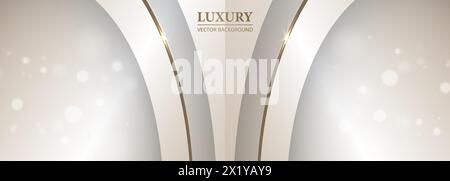 Luxury abstract 3D background with bokeh effect and sparkles on golden curve lines. Wide elegant vector banner design for celebration award. Stock Vector