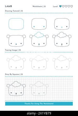 How to Draw Doodle Animal Lamb, Cartoon Character Step by Step Drawing Tutorial. Activity Worksheets For Kids Stock Vector