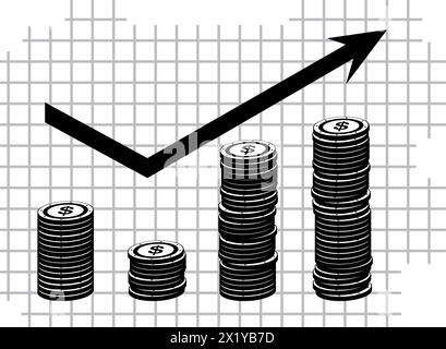 vector black and white icon statistics trend up coins arrow Stock Vector