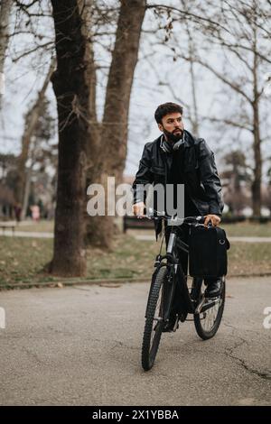 Stylish businessman with bicycle working remotely in a city park Stock Photo