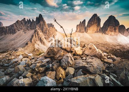 Description: Summit view from Sextner Stein with barbed wire on Monte Paterno and Tre Cime mountain range in the evening. Tre Cime, Dolomites, South T Stock Photo