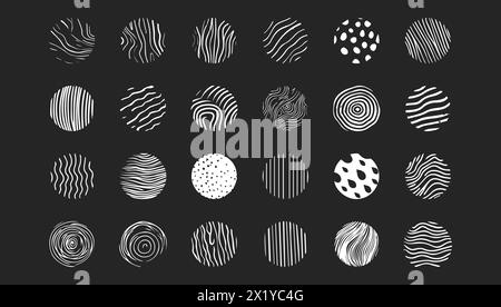 Set round abstract black and white backgrounds or patterns. Hand drawn doodle shapes. line, spotted, spiral texture. Vector illustration contemporary Stock Vector