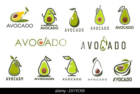 Avocado farm, juice and oil icons of vector vegetable food. Cute cartoon characters of ripe green avocado, raw fruits halves with leaves and seeds isolated symbols set for organic vegan food and drink Stock Vector