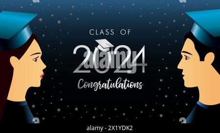 Class of 2024 congratulations, students with square academic cap, school banner concept Stock Vector