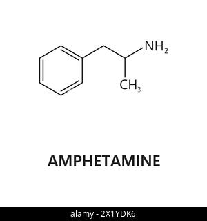 Amphetamine structure, synthetic drug molecule formula. Illegal substance atomic composition, addictive narcotic chemical formula or synthetic Amphetamine drug molecule vector formula Stock Vector