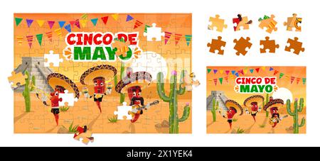 Jigsaw puzzle game pieces, cinco de mayo Mexican holiday pepper musician characters in desert. Cartoon educational boardgame, vector worksheet for preschool children with funny jalapeno mariachi band Stock Vector