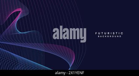 Abstract dark blue digital future technology geometric flowing line background. Purple-navy blue-green gradient smooth wave line web banner background Stock Vector