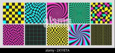 Square psychedelic checkerboard acid backgrounds with warped grid tile, spiral and swirls. Checkered seamless geometric patterns in groovy y2k style. Distorted chessboard covers with distortion effect Stock Vector