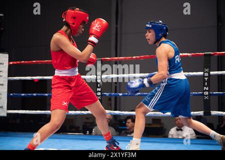 Pueblo, Colorado, USA. 18th Apr, 2024. Amini Zidani of France(Blue) defeats Sameenah Toussaint of Great Britain in a women's 57 kg second round bout. Credit: Casey B. Gibson/Alamy Live News Stock Photo