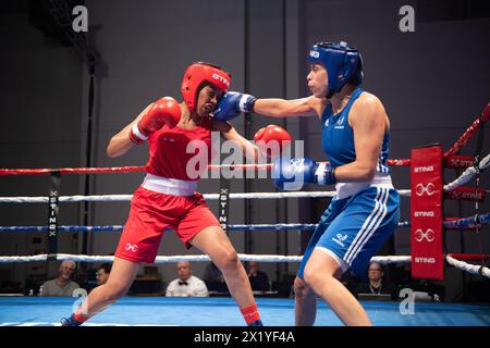 Pueblo, Colorado, USA. 18th Apr, 2024. Amini Zidani of France(Blue) defeats Sameenah Toussaint of Great Britain in a women's 57 kg second round bout. Credit: Casey B. Gibson/Alamy Live News Stock Photo