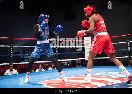 Pueblo, Colorado, USA. 18th Apr, 2024. Jucielen Romeu of Brazil(Red) defeats Tina Rahimi of Australia(Blue) in a second round women's 57 kg bout. Credit: Casey B. Gibson/Alamy Live News Stock Photo