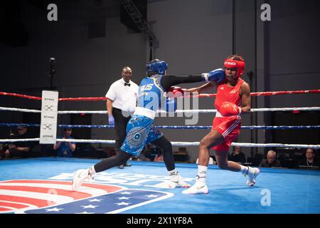 Pueblo, Colorado, USA. 18th Apr, 2024. Jucielen Romeu of Brazil(Red) defeats Tina Rahimi of Australia(Blue) in a second round women's 57 kg bout. Credit: Casey B. Gibson/Alamy Live News Stock Photo