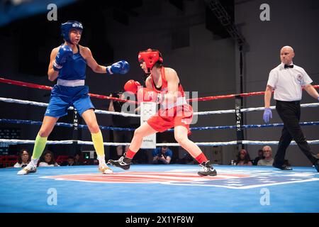 Pueblo, Colorado, USA. 18th Apr, 2024. Elise Glynn of Great Britain(Blue) defeats Alyssa Mendoza of the United States(Red) in a second round women's 57 kg match. Credit: Casey B. Gibson/Alamy Live News Stock Photo