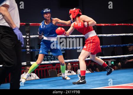 Pueblo, Colorado, USA. 18th Apr, 2024. Elise Glynn of Great Britain(Blue) defeats Alyssa Mendoza of the United States(Red) in a second round women's 57 kg match. Credit: Casey B. Gibson/Alamy Live News Stock Photo