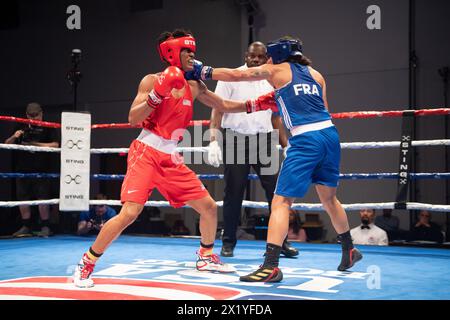 Pueblo, Colorado, USA. 18th Apr, 2024. Emilie Sonvico of France(Blue) trades punches with Stacia Suttles of the United States(Red), before winning their women's second round 66 kg match. Credit: Casey B. Gibson/Alamy Live News Stock Photo