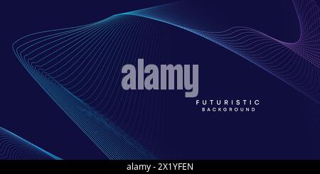 Abstract dark blue digital future technology geometric flowing line background. Purple-navy blue-green gradient smooth wave line web banner background Stock Vector