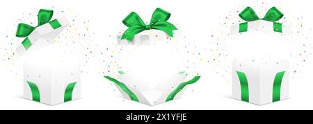 Vector set of white gift boxes with green ribbons and exploded colorful confetti isolated on a white background. Unfolded surprise giftbox, vector illustration. Stock Vector