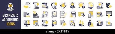 Business and accounting icon set. Containing financial statement, accountant, financial audit, invoice, tax calculator, business firm, tax return, Stock Vector