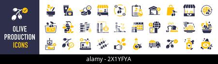 Olive production icon set. Such as cream, washing, oil tank, branch, harvest, press machine, jar, factory, filter, quality control, soap, shampoo. Stock Vector