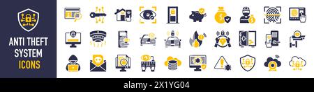 Anti theft system icons set. Such as hack, terrorist, password, detective, security room, malware, intercom, identity protection, alarm, lock icon. Stock Vector