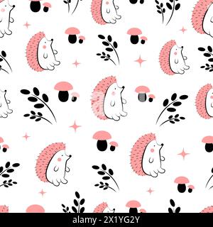 Seamless pattern with mushrooms and hedgehogs Stock Vector